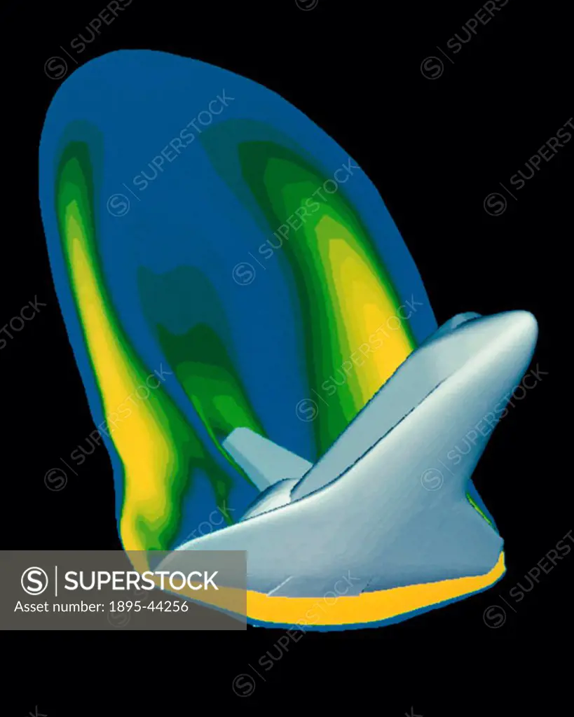 This Computational Fluid Dynamics (CFD) computer-generated image shows a model of the space shuttle. CFD has taken the place of wind tunnels for many ...