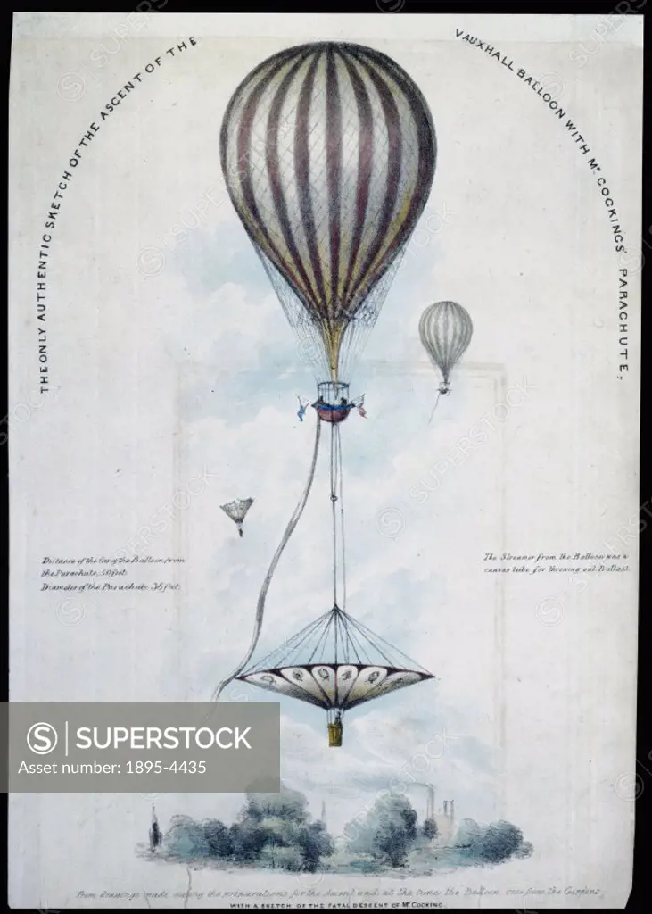 Coloured lithograph from drawings made during the ascent. Robert Cocking was a professional watercolourist and amateur scientist who spent many years ...