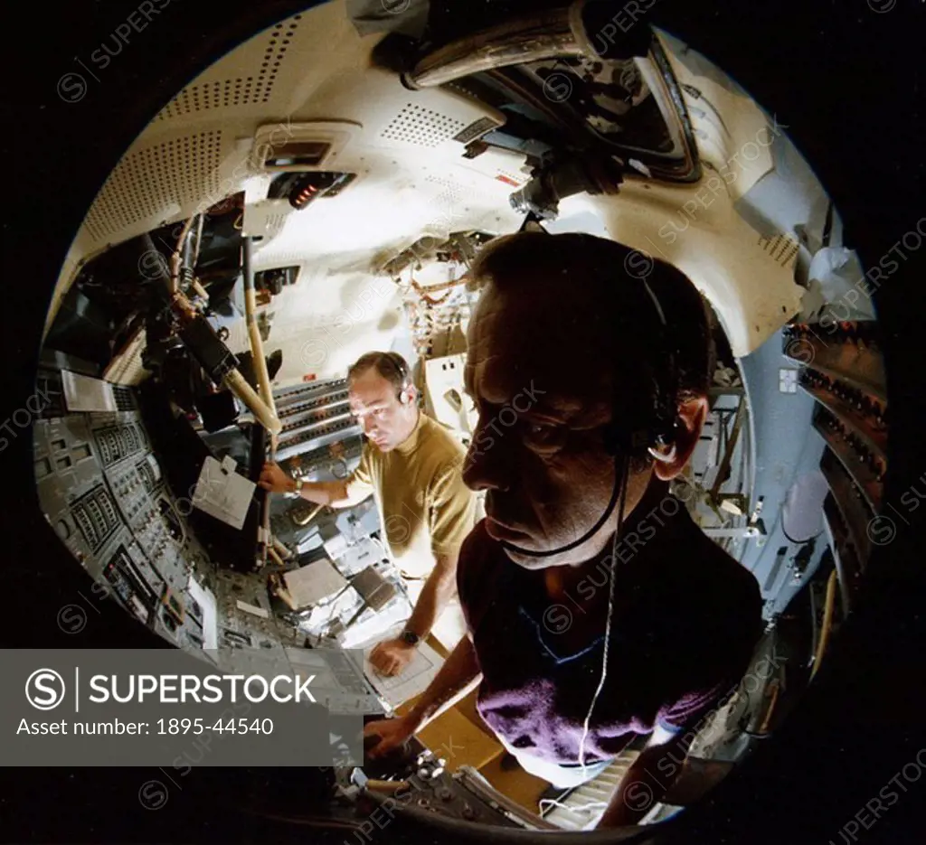 Apollo 14 astronauts in lunar module simulator, July 1970 Fisheye view of Al Shepard foreground and Ed Mitchell  Mitchell, Shepard and Stuart Roosa w...