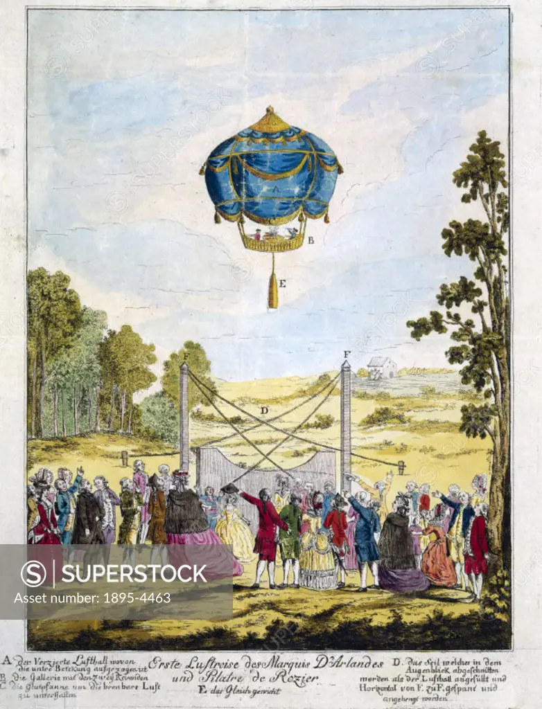 Coloured etching issued in Germany showing the first manned free flight ascent of a hot-air balloon. This balloon, made by the French brothers Joseph-...