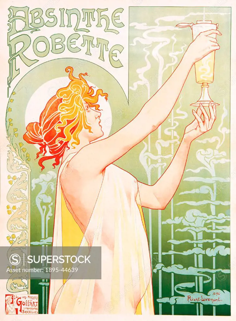One of the most iconic art nouveau images of all, this 1896 image for Absinthe Robette by the Belgian posterist Henri Privat-Livemont has spawned a mi...