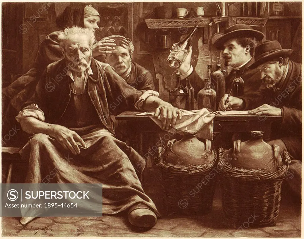An engraving by Buland showing a home distiller being questioned by excise agents.
