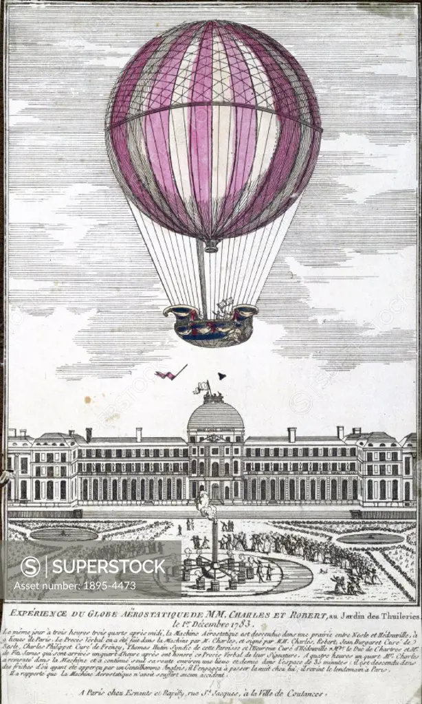 ´Coloured engraving by Esnauts and Rapilly showing Charles and Noel Roberts first manned (free flight) ascent of a hydrogen balloon, at the Tuileries...