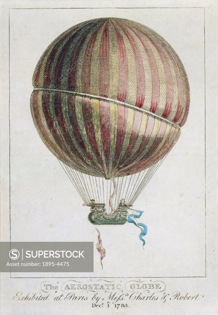 Coloured etching of Charles and Roberts aerostatic globe. Designed by Jacques Charles (1746-1823), a French professor of physics, and constructed by ...