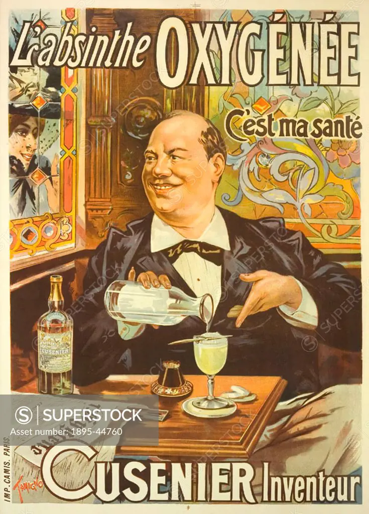 A famous absinthe poster designed by Nicholas Tamagno for Cusenier. The bon vivant enjoying his Absinthe Oxygenee is the French comedian Joseph-Franco...