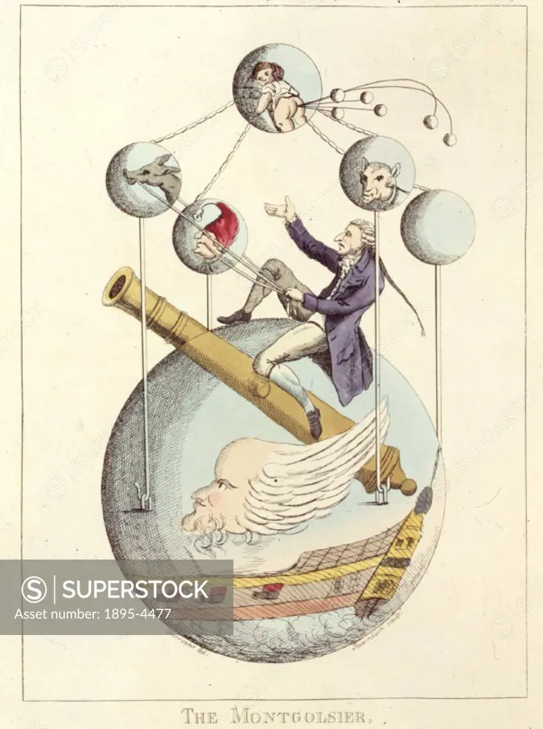English satire on the French art of flying, showing a fantastical image of a Montgolfier’ hot-air balloon as the flagship for an imagined French aeri...