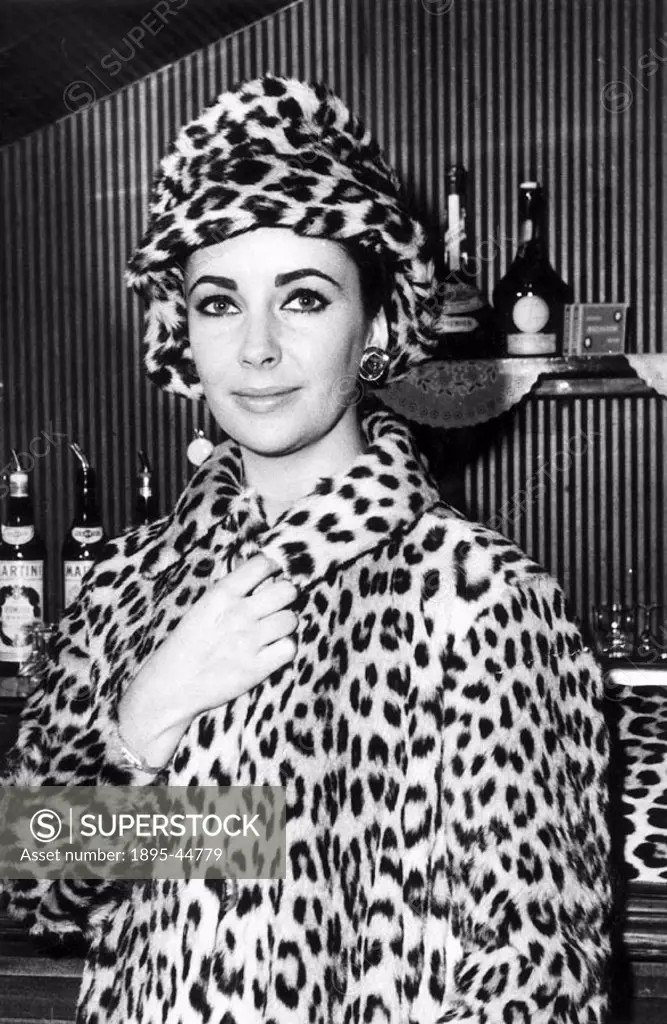Liz Taylor in leopard skin coat and hat.