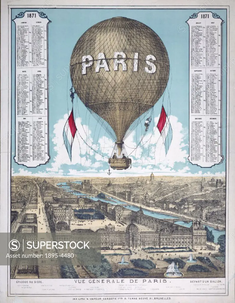 Colour engraving by the Carbote Freres of Brussels. Taken from a topographical almanac, this image shows the air balloon ´Paris´ carrying Leon Gambett...