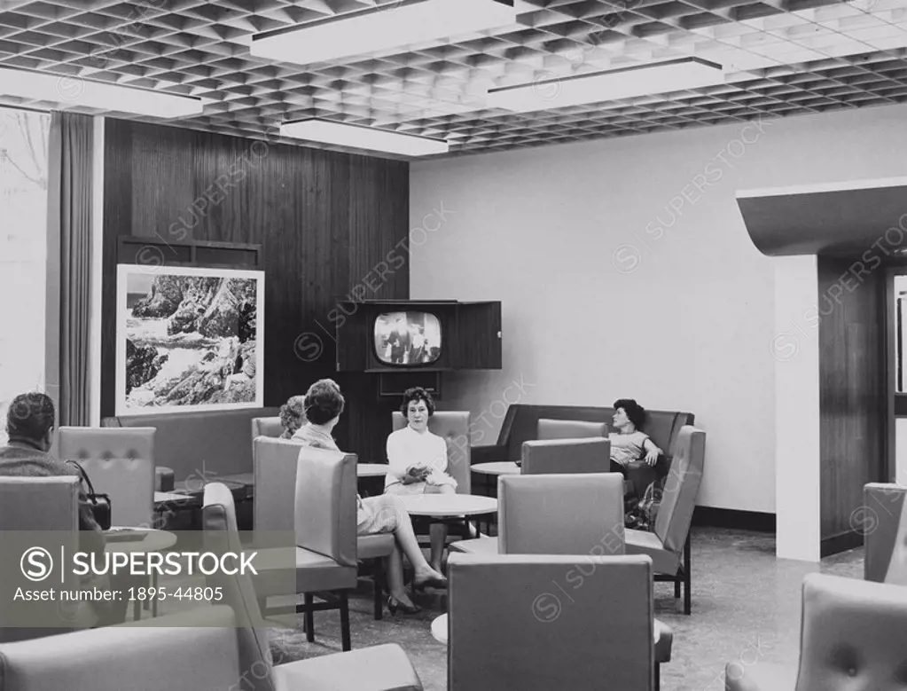 Motorail waiting room, 20 May 1966 Passengers watching television in a waiting lounge 