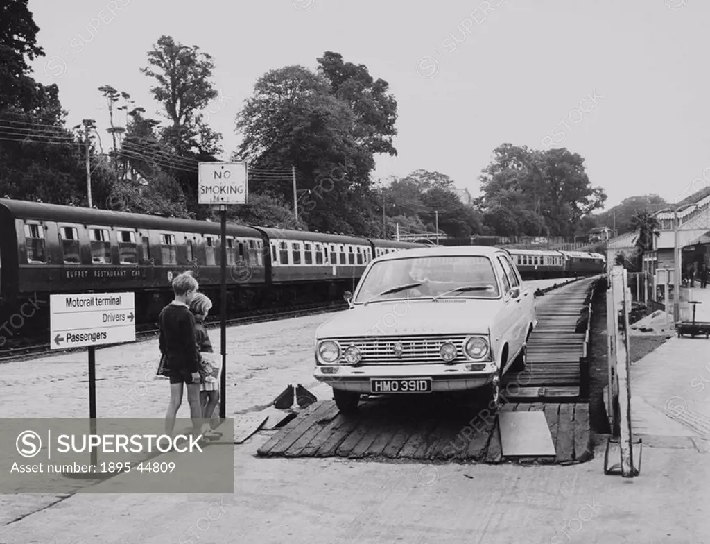 Motorail car transport service, c 1960s A car is unloaded from the train at the holidaymakers destination  Motorail began in 1955 between King´s Cros...