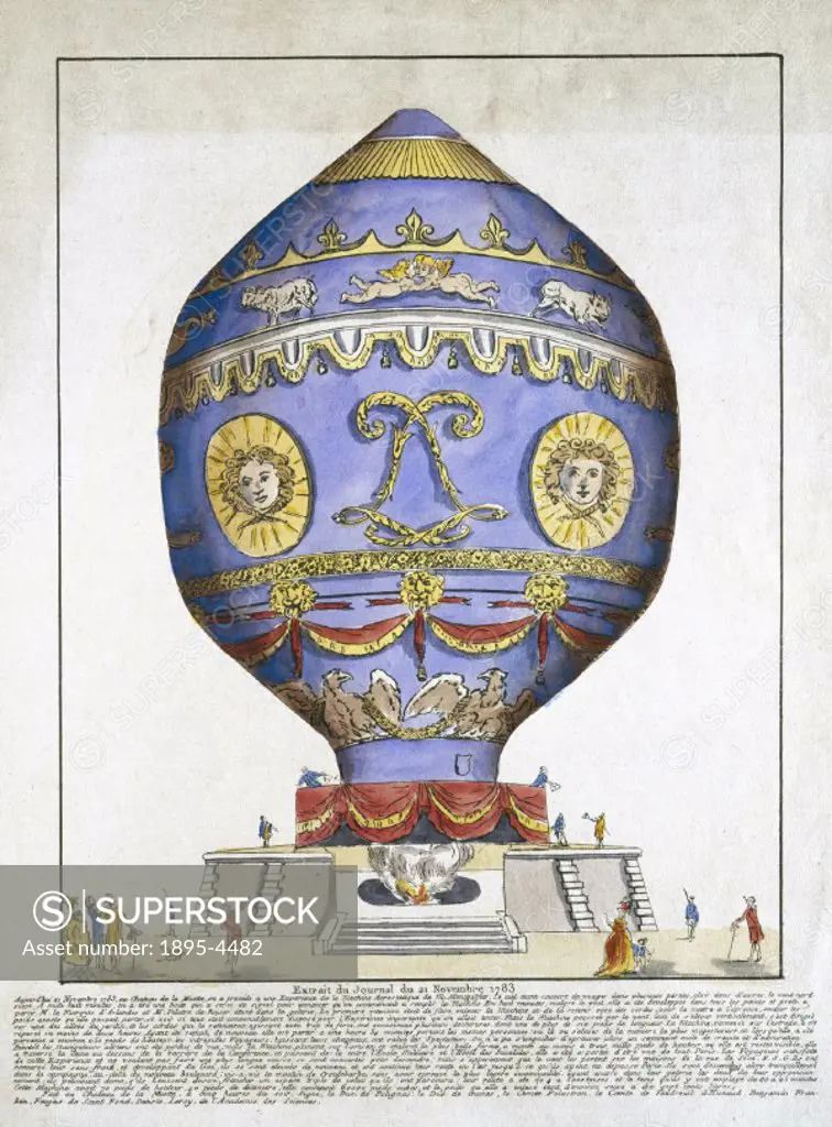 Plate taken from ´Le Journal´. This balloon, designed by the French brothers Joseph-Michel (1740-1810) and Jacques-Etienne (1745-1799) Montgolfier, wa...