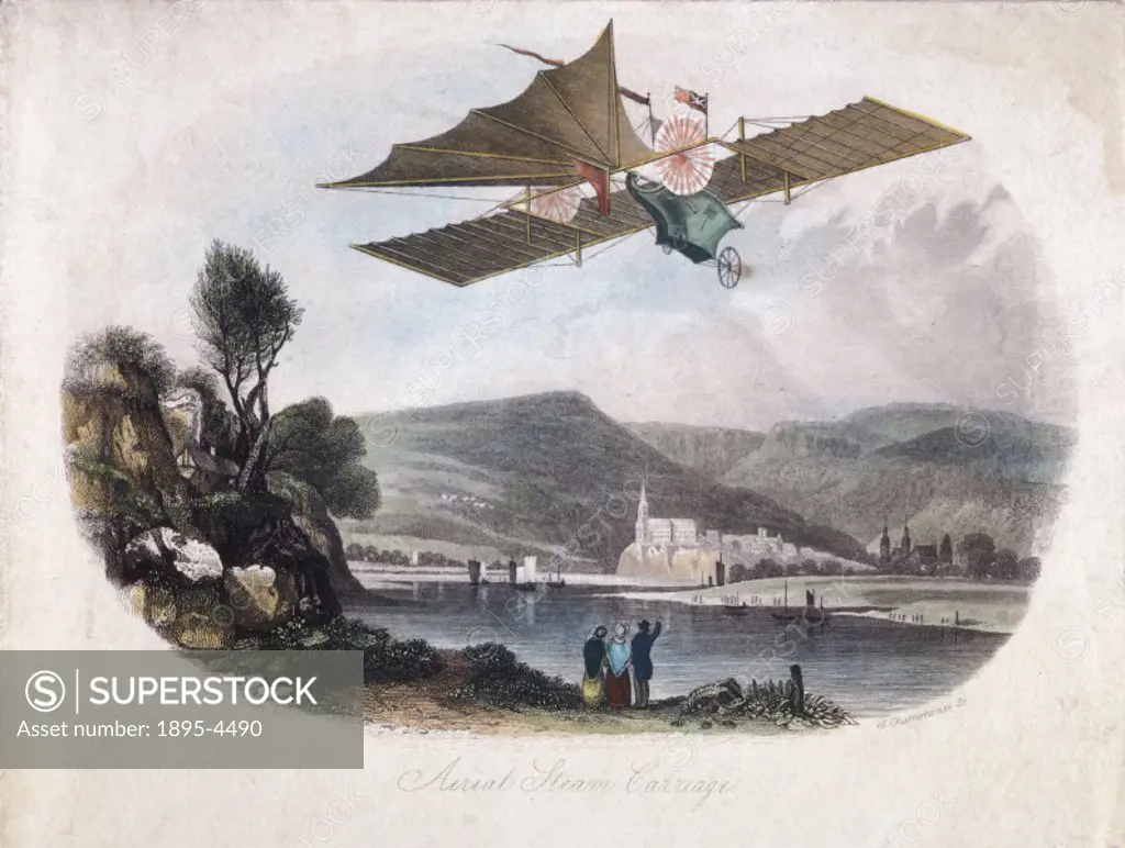 Engraving by J Shury showing a fictitious flight of Henson´s aerial steam carriage over a European lakeside town surrounded by mountains. William Hens...