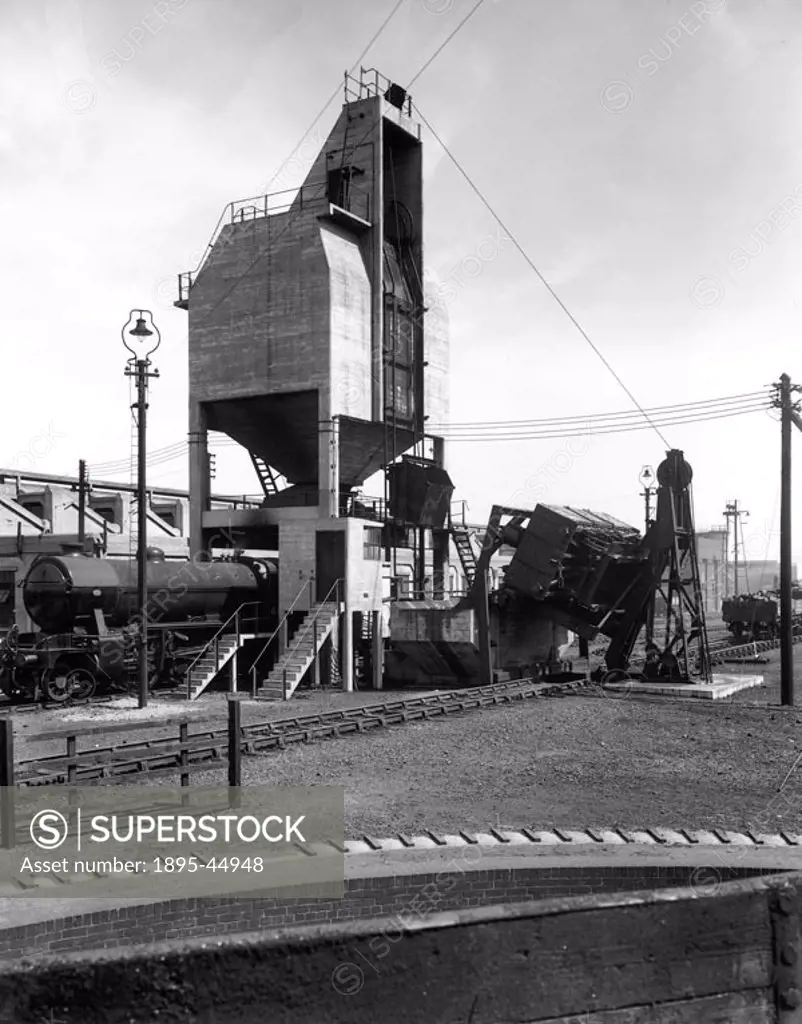 London & North Eastern Railway (LNER) locomotive coaling plant at Frodingham. The plant raised wagons, tipping their contents into a coal bunker that ...
