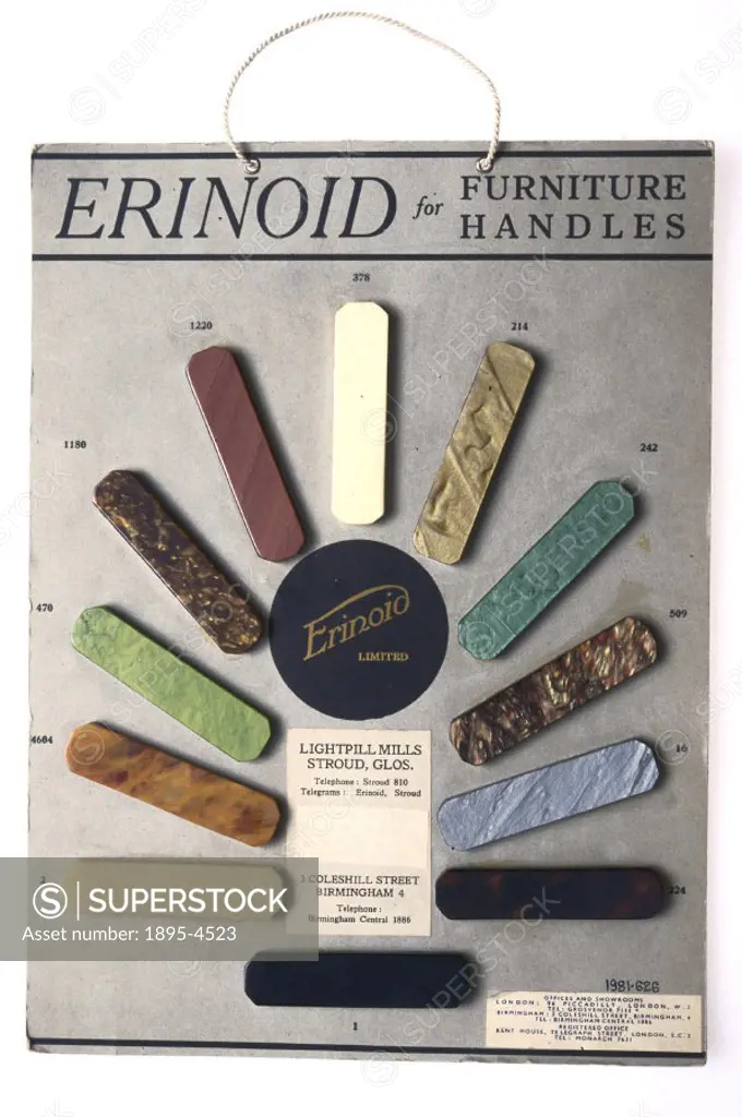 These samples of plastic for use in door handles are made of casein and were produced by Erinoid Ltd of Birmingham at Lightpill Mills in Stroud, Glouc...