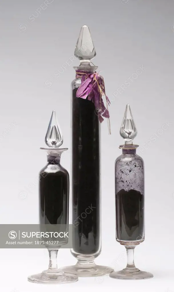 Three glass display jars containing mauveine salts, donated by Miss Annie Florence Perkin, the daughter of William Henry Perkin, in 1947. In 1856, whi...