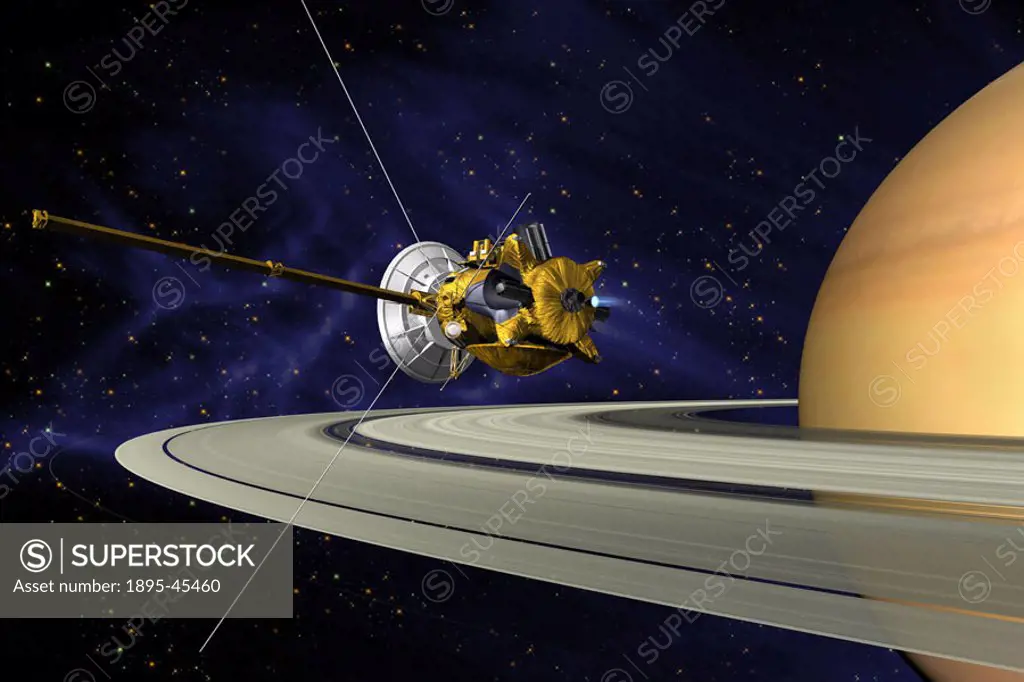 This is an artists concept of Cassini during the Saturn Orbit Insertion(SOI) maneuver, just after the main engine has begun firing. The spacecraft is ...