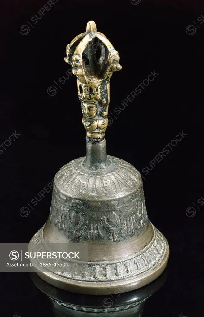 Metal bell, part of a Tibetan shaman´s costume collected in Bhaktapur, Nepal. Other items from the costume included a rhino-horn medicine container, c...