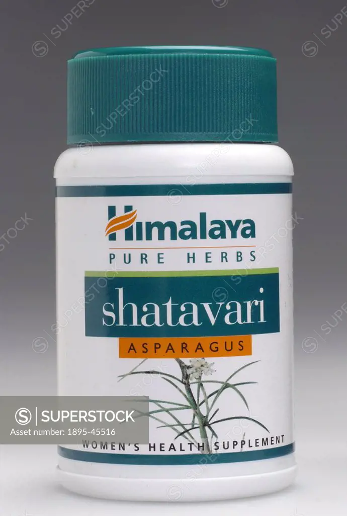 Container of asparagus tablets, a herbal medicine used as a womens health supplement by practitioners of Ayurveda, manufactured by The Himalaya Drug ...