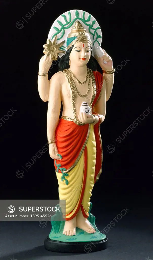 Painted plaster statue of the Indian Hindu god of medicine, made by Sacred Source, Crozet, USA.