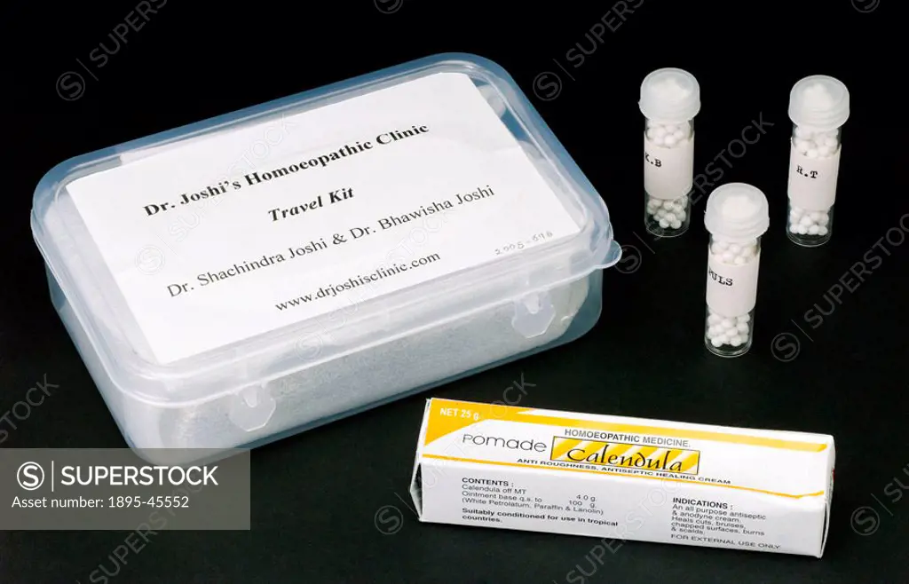 A box with ten vials of different homeopathic pills and a box containing a tube of Calendula homeopathic antiseptic cream, produced for Drs Shachindra...