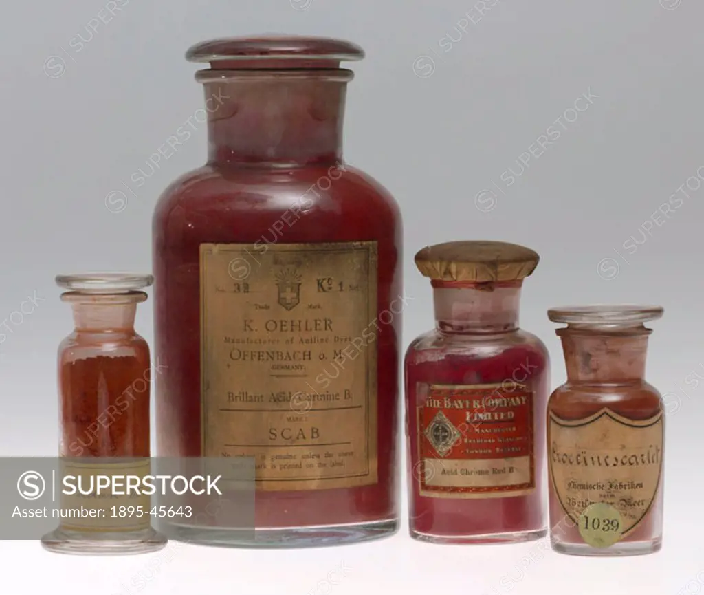 Four jars containing synthetic colorants. Sudan III (red dye) manufactured by Actien Gesellschaft fur Anilin Fabrikation, Berlin, Germany (Agfa), Bril...