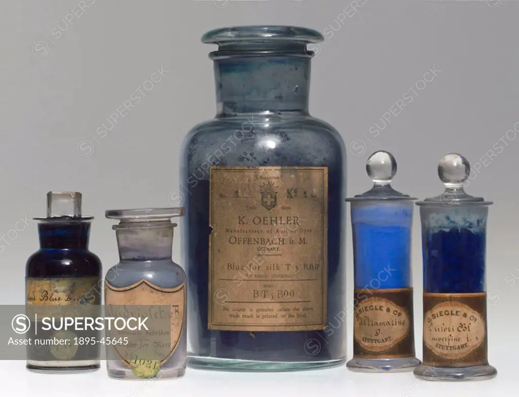 Five jars containing blue synthetic colorants. Ketone Blue B (liquid) manufactured by Farbwerke vormals Meister, Lucius & Brüning of Höchst-am-Main, G...
