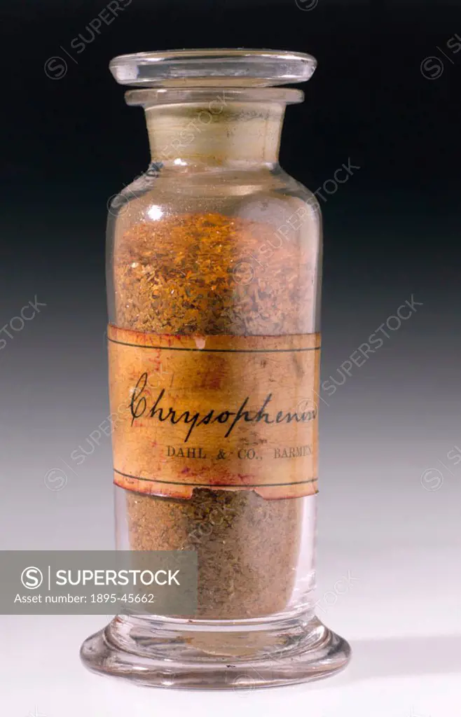 A jar of Chrysophenin synthetic dye manufactured by Dahl & Co. of Barmen, Germany. Chrysophenine is an azo dye which was introduced in 1886. Dahl & Co...