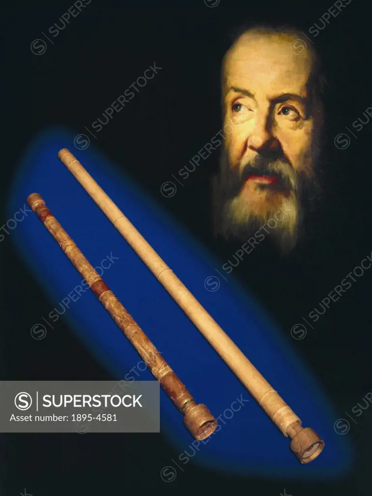 A composite photograph showing two replica telescopes with a vignette of the head of Galileo from a portrait painted in 1635 by Guido Sustermans. Thes...