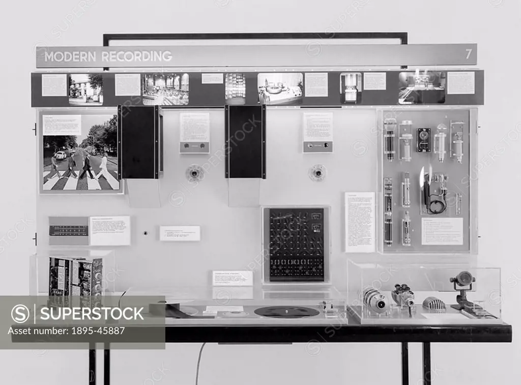 Display from A Century of Recorded Sound’ exhibition, showing equipment used at EMI’s Abbey Road Studios where the Beatles recorded the album Abbey ...