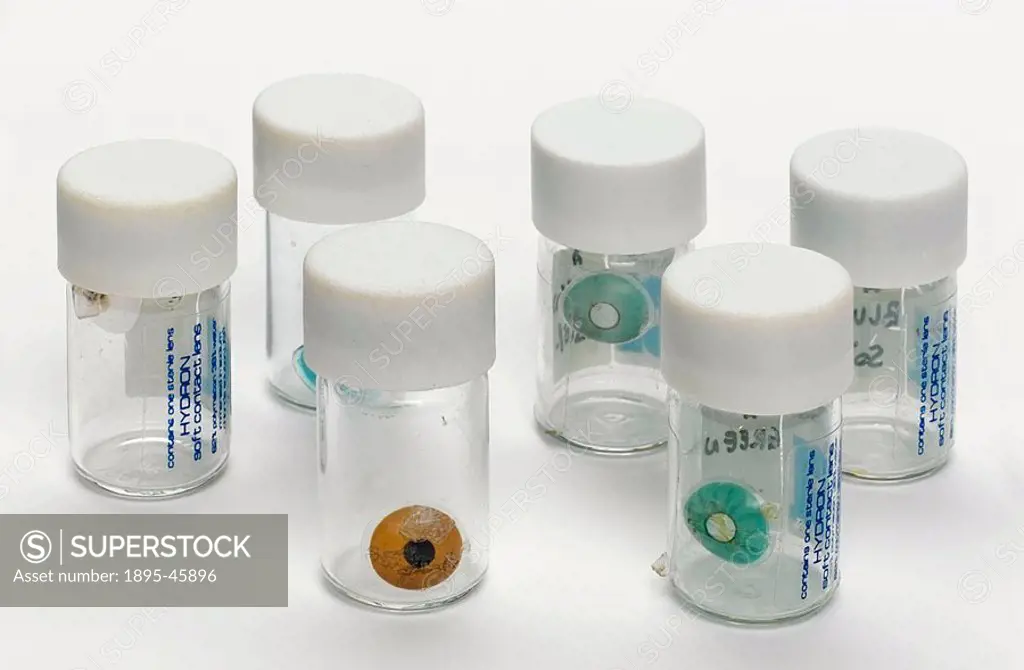 Soft contact lenses, 1984 Six samples of cosmetic soft contact lenses, five coloured and one with a black pupil, by Hydron, 1984