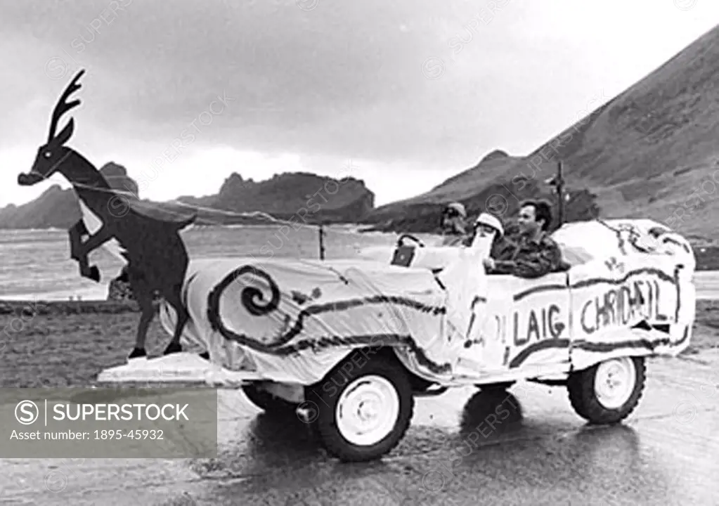 Father Christmas being driven to the army quarters on St Kilda.