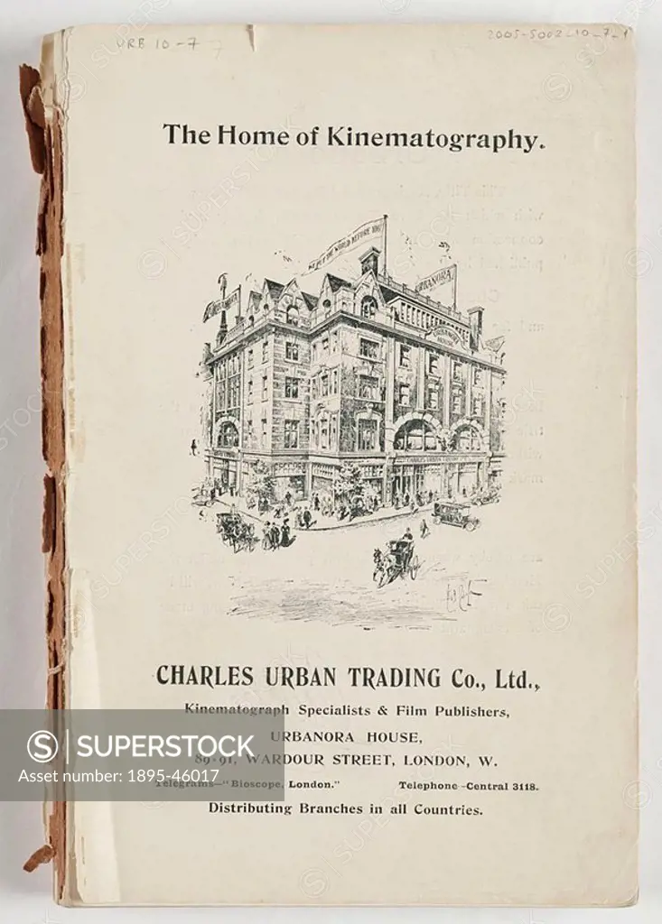 Page from the catalogue of Kinematographic film subjects of the Charles Urban Trading Co  showing an illustration of the headquarters of the Urban Tra...