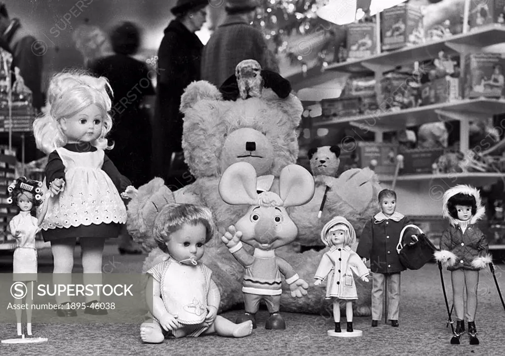 Left to right: Tressy with curlers, talking doll, Tiny Tears, giant teddy bear with Sweep peeping out from behind his head, Topo Gigio the Italian mou...