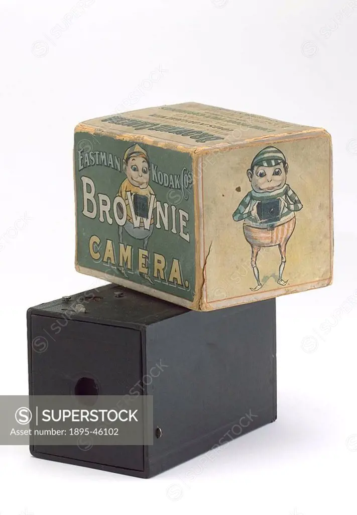 Kodak ´Brownie´ box camera with original cardboard packing carton, made by Eastman Kodak Co  The camera was literally a cardboard box with a wooden en...
