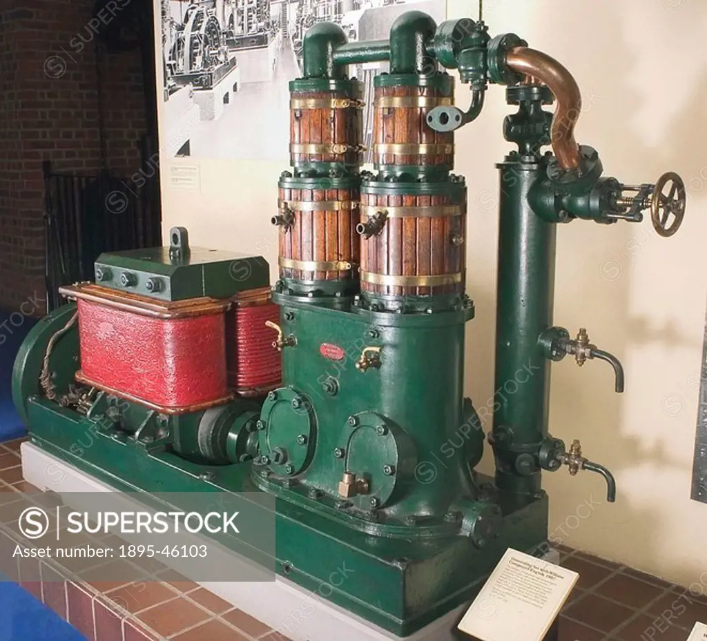 Willans central-valve twin tandem-compound high-speed steam engine no 662, made by Willans and Robinson, with 9 6 kw Siemens dynamo, both mounted on c...