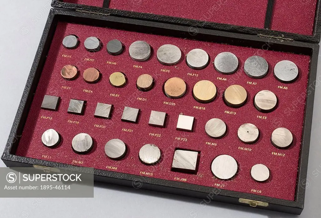 Unused set of metallurgical specimens, in a leatherette covered case with red interior, made by AMS Metallurgical Services, Betchworth, Surrey