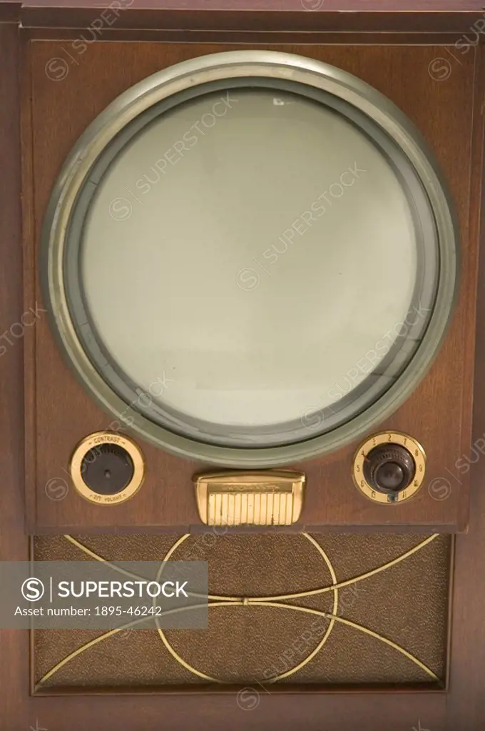 The 16-inch circular screen on this American TV looks unusual to us  Most cathode ray tubes at this time had circular faces on which a rectangular pic...