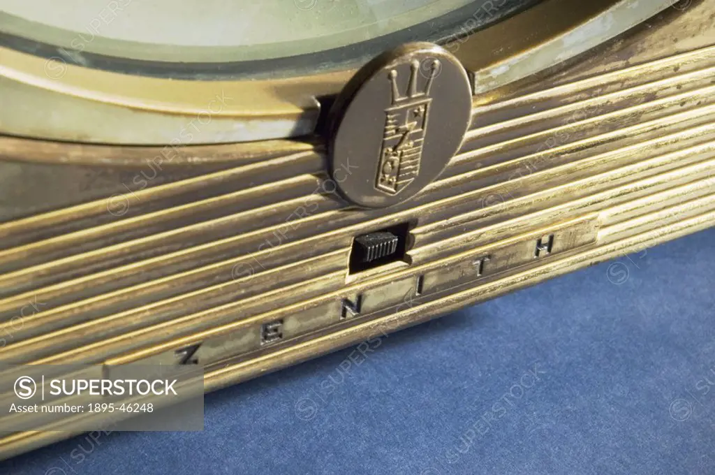 A close up of the badge of a Zenith 14-inch ´porthole´ TV set, where the picture completely fills the circular screen the corners of the picture are l...