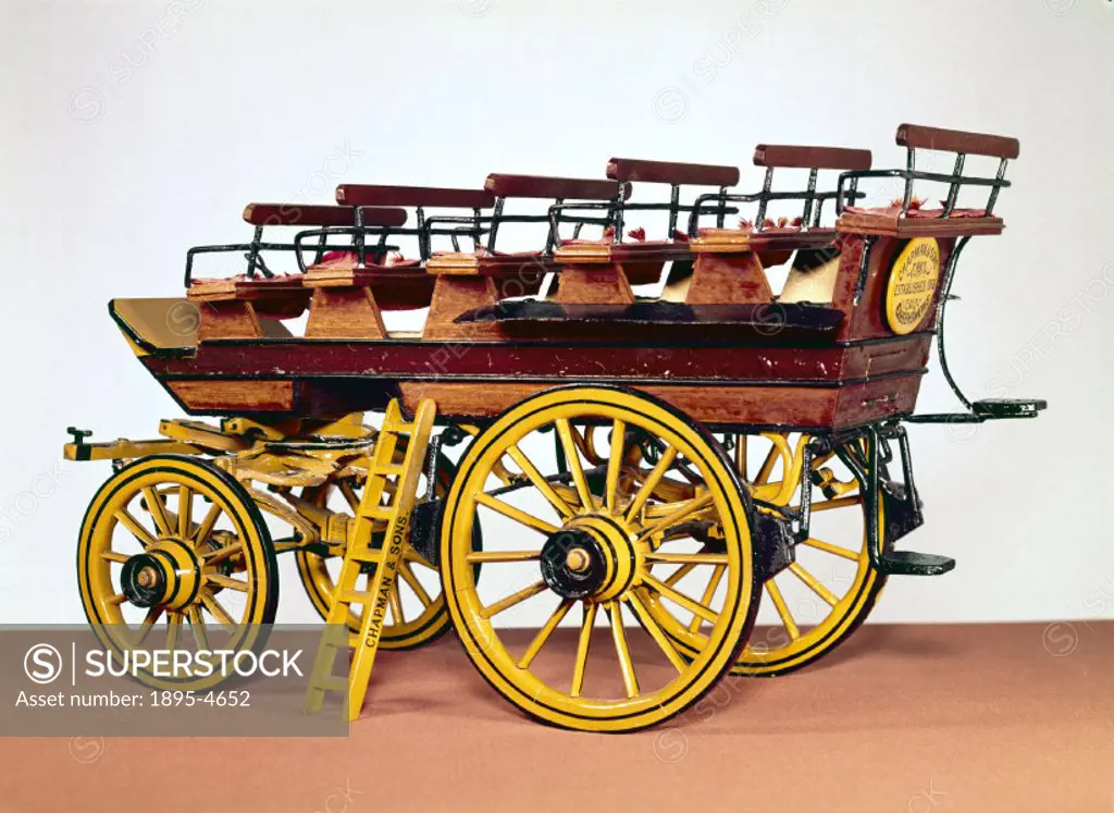 Scale model. Charabancs, introduced into Britain from France in about 1850, varied much in construction, design and size. They were pulled by four hor...