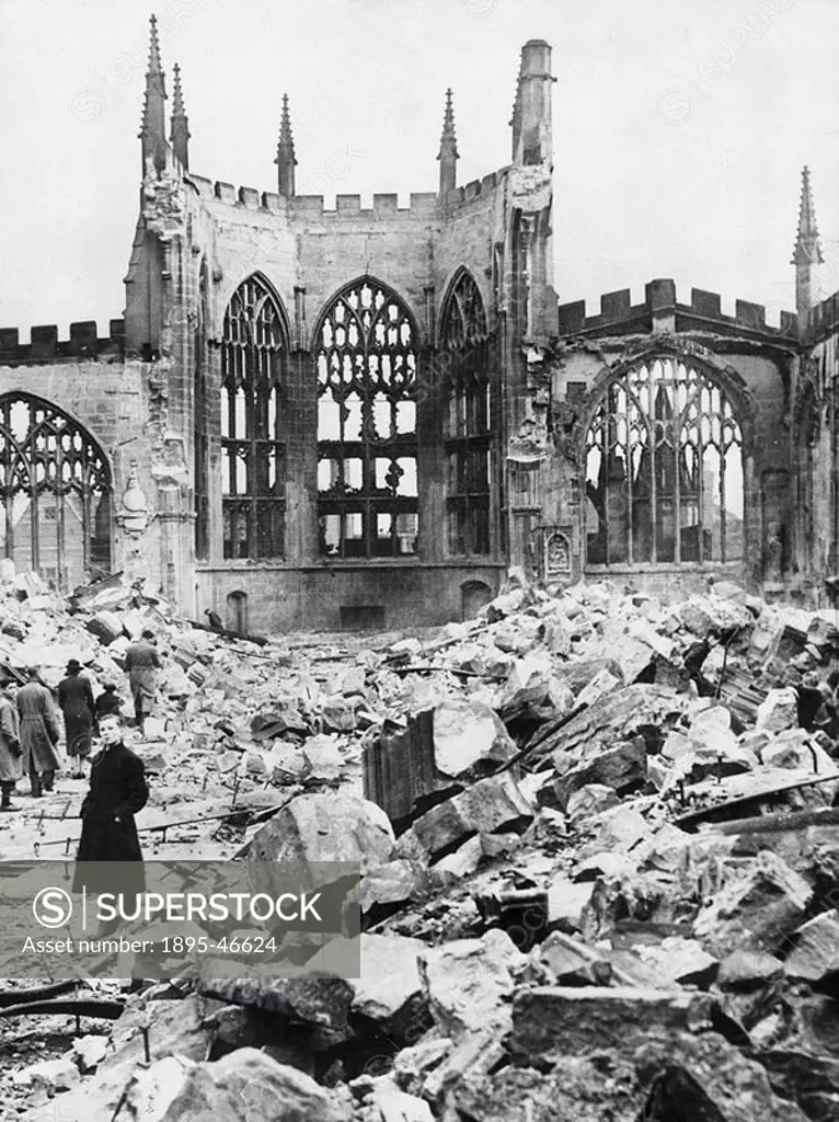 Ruins of Coventry Cathedral, World War Two, November 1940 The bombed-out shell of the 14th-century cathedral after a German bombing raid