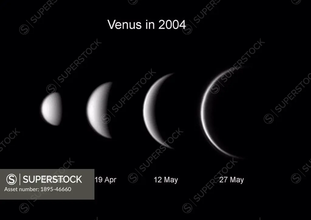 Phases of Venus, 2004 This set of images taken in from Northampton in 2004 show the phases and relative size of Venus as seen from Earth as it moves a...