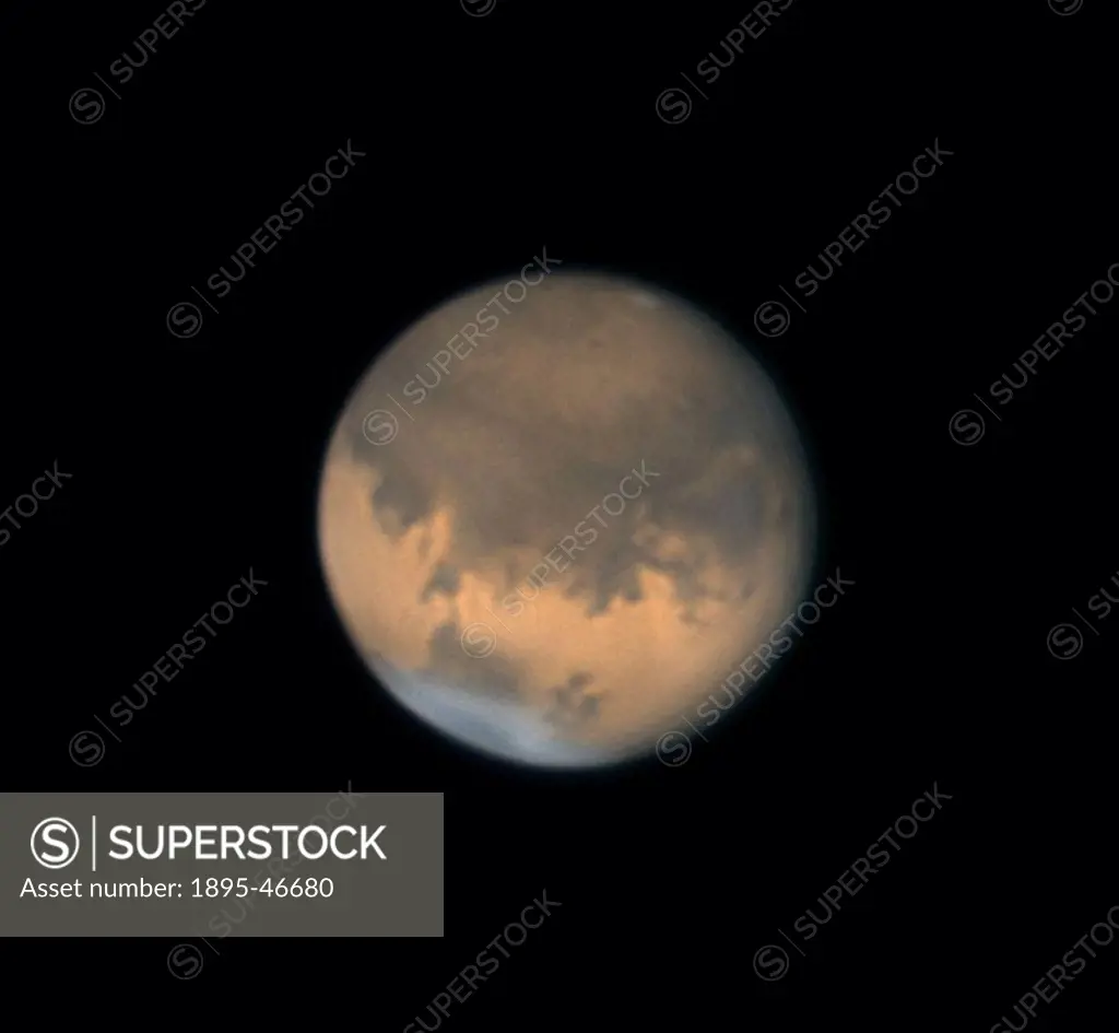 Mars, 2005 This image of Mars was taken at 23:10 hrs UT on 17 November 2005 using a webcam attached to a Schmidt-Cassegrain telescope  The image is ce...
