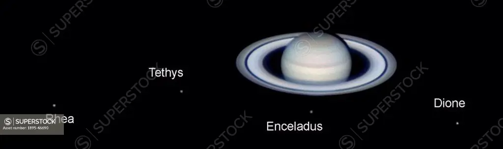 Saturn´s moons, 2004 This image showing Saturn with some of its moons was taken using a webcam attached to a 10-inch Newtonian telescope  The moons ar...