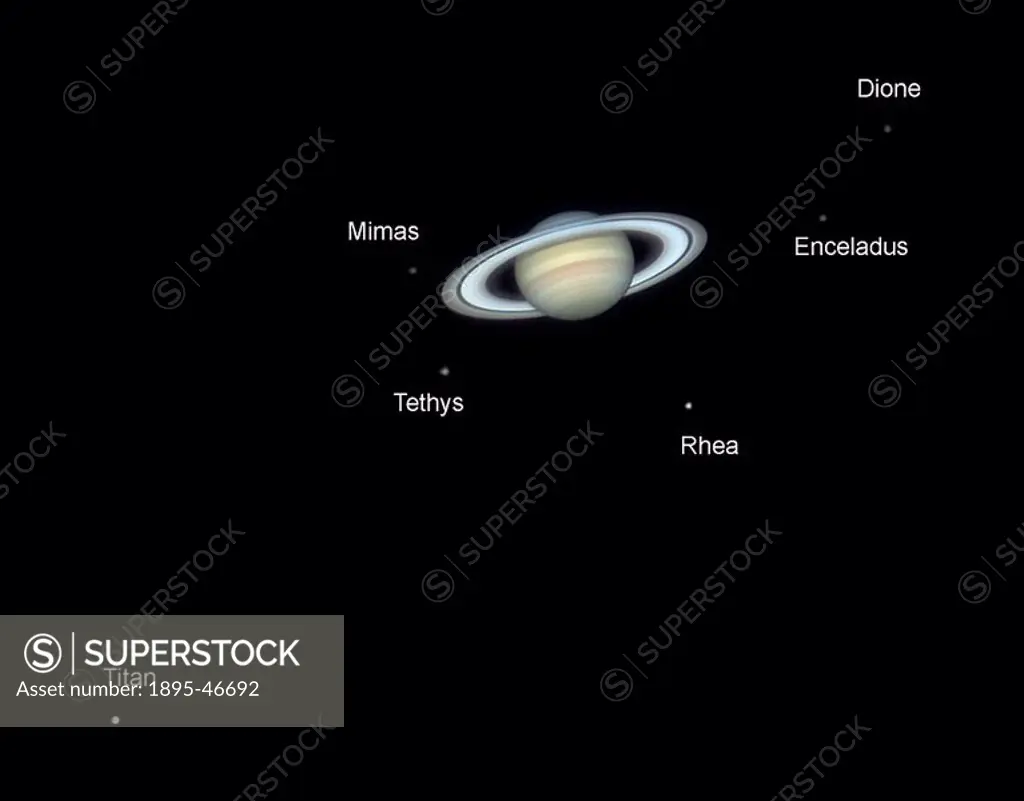 Saturn´s moons, 2006 This image showing Saturn with six of its moons was taken on 26 January 2006 at 22:11 hrs UT using a webcam attached to a 14-inch...