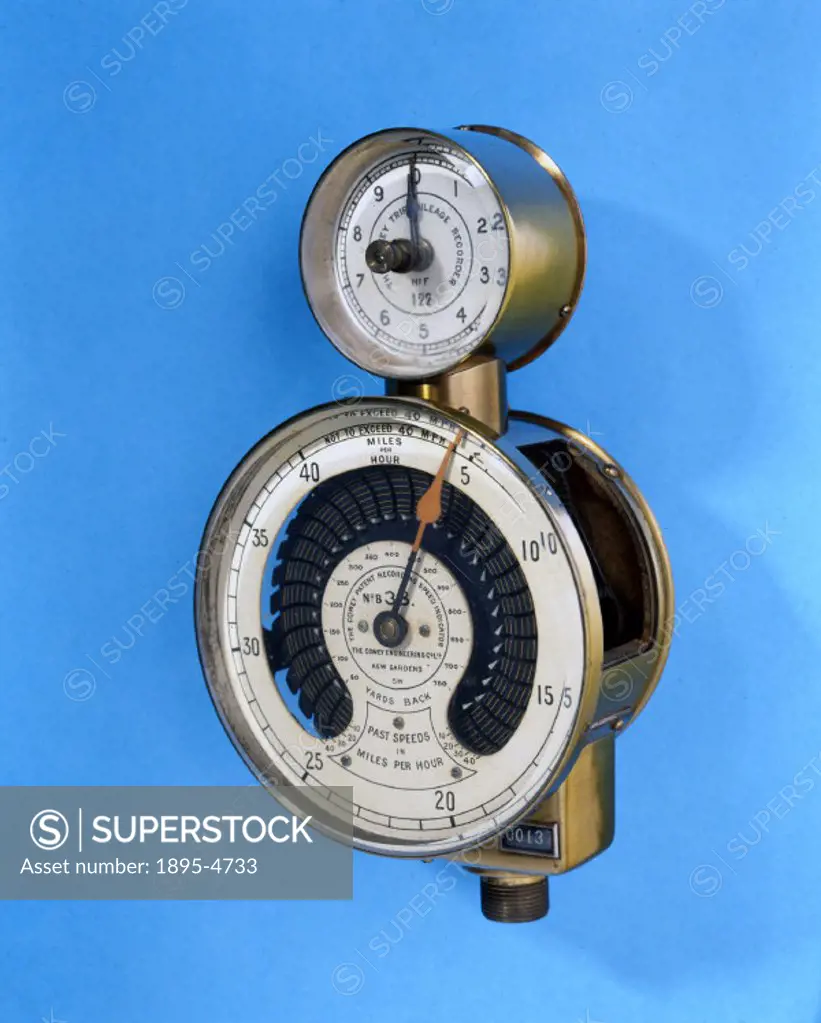 This combined speed indicator, speed recorder and trip and total mileage recorder was patented in 1904 by L E Cowey. It indicates the speed at which a...