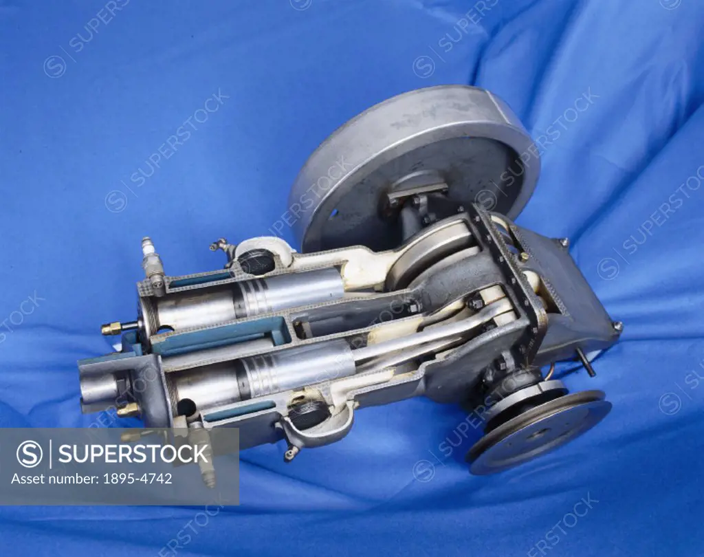 Sectioned four cylinder valveless two-stroke engine used on the Trojan motor car, containing features patented by L H Hounsfield between 1913 and 1922...