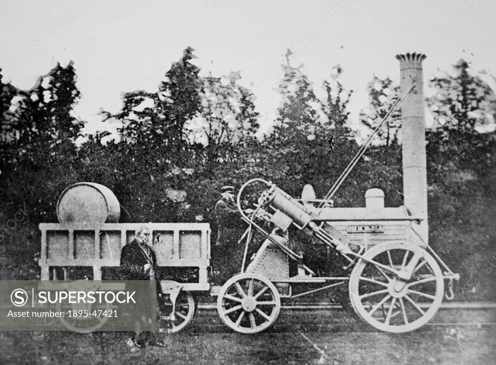 George Stephenson and the Rocket’ An interestingly faked undated photograph, purporting to be of George Stephenson and the Rocket steam locomotive at...