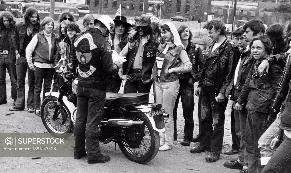 Hells Angel wedding, July 1971 Golly and Sugar are married by Scouse in steel helmet, attended by their biker friends 