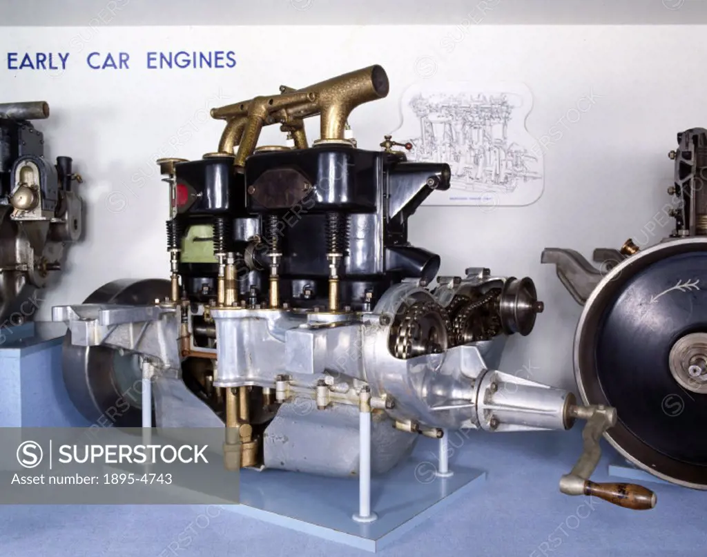 Sectioned. The four cylinders of this engine, manufactured by Humber Ltd, are cast in pairs, with water-jackets surrounding the cylinders and valve-ch...