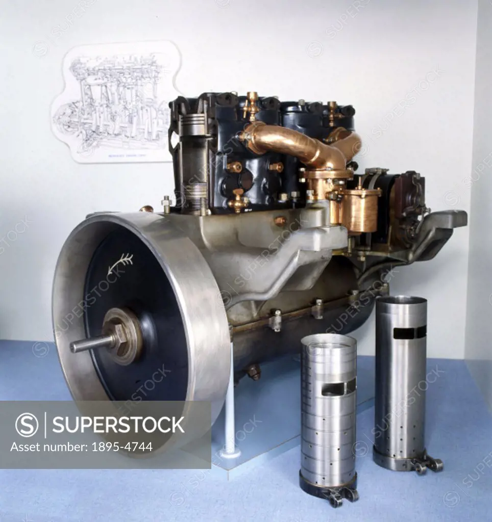 A 22 hp sleeve valve engine, 96 mm bore x 130 mm stroke, with one cylinder sectioned. This petrol engine was patented by C Y Knight in 1905 and 1908, ...
